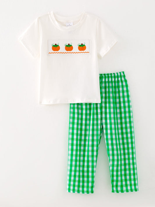 Boys Green Halloween Smocking Embroidered Cotton Plaid Set Rylee Faith Designs Everetts Place: Online Boutique