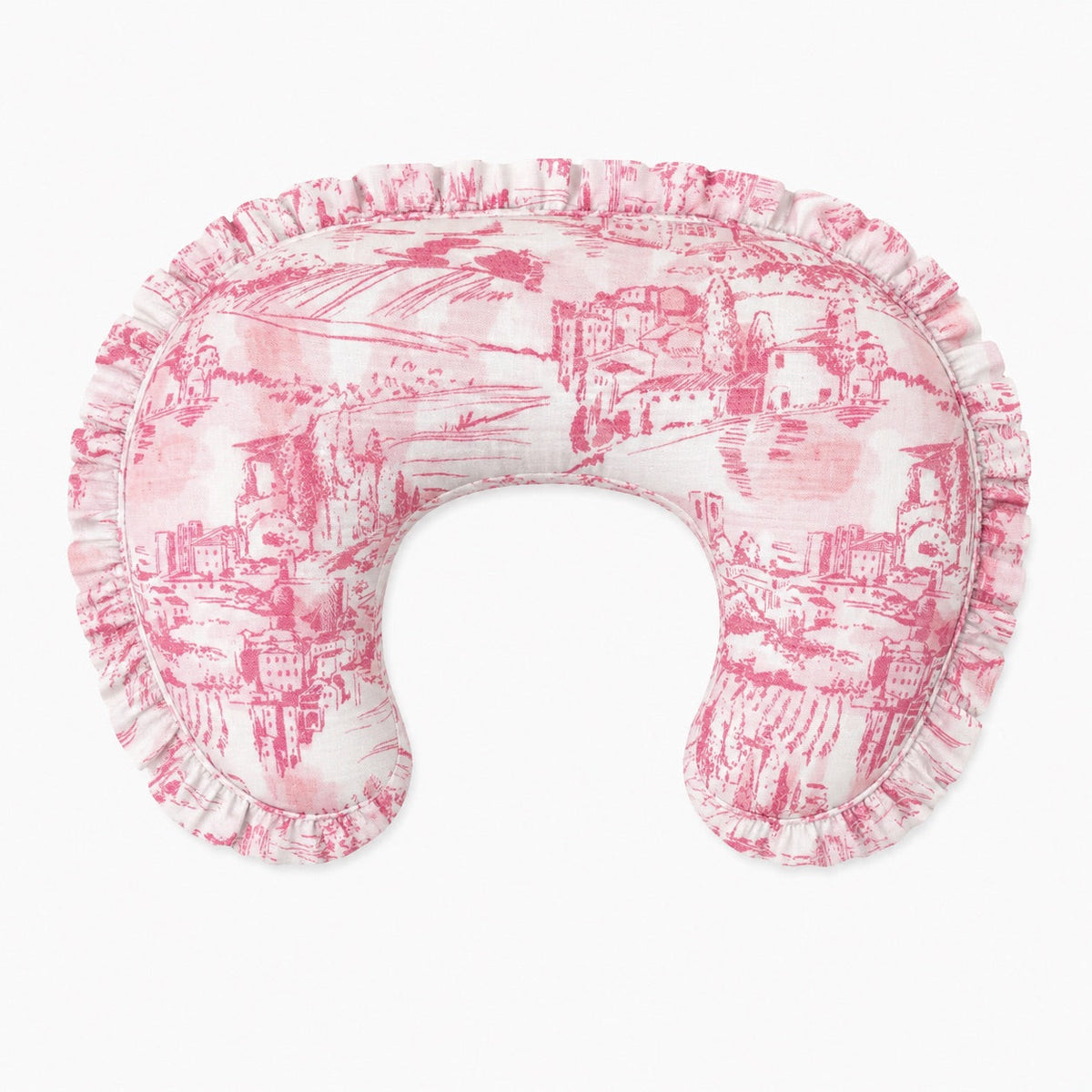 Pink toile nursing pillow cover with ruffle trim