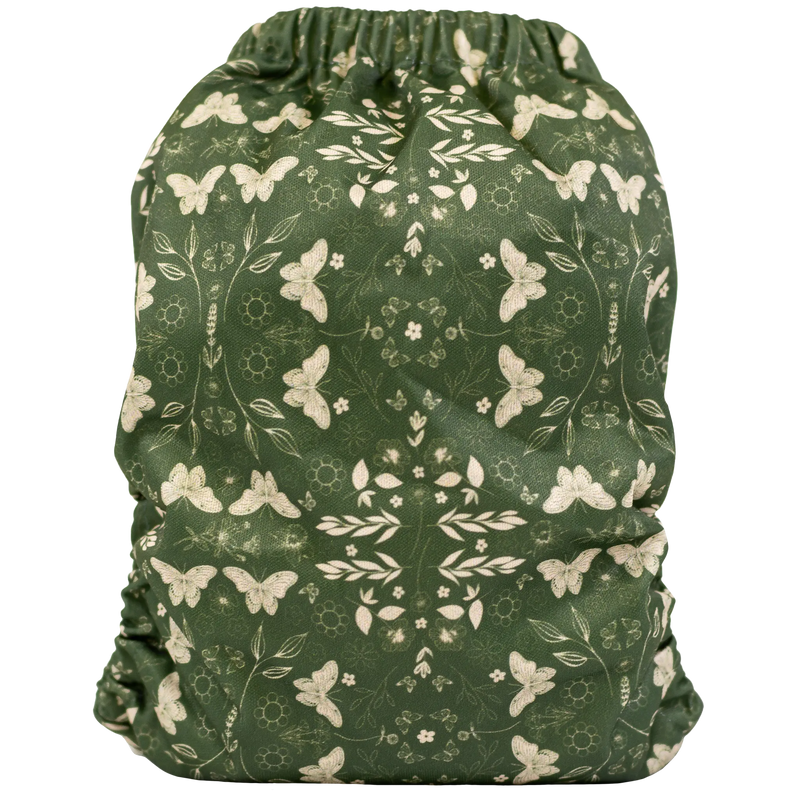 Slim Fit Pocket Cloth Diaper with floral and butterfly print on green background.