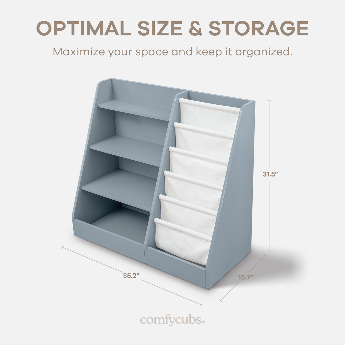 Comfy Cubs blue kids bookshelf, perfect for organizing children's books in a nursery.