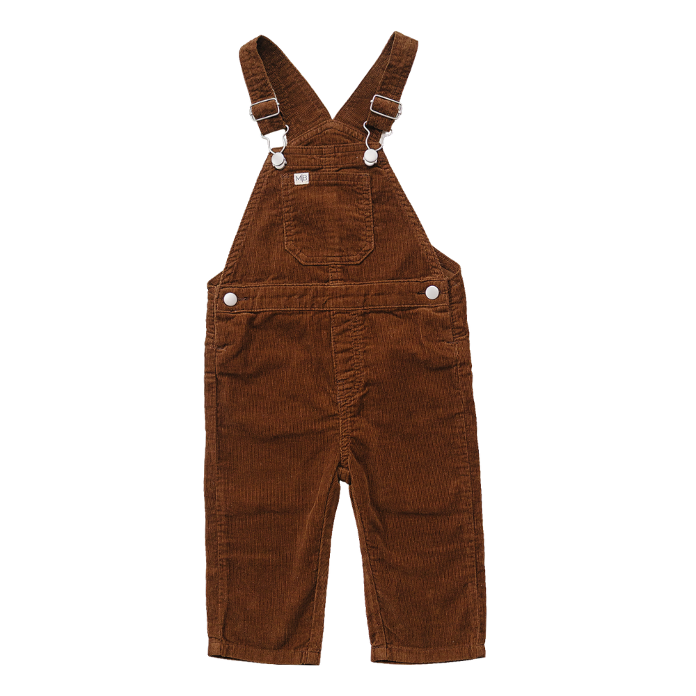Brown corduroy baby overalls with adjustable shoulder straps and a front pocket.