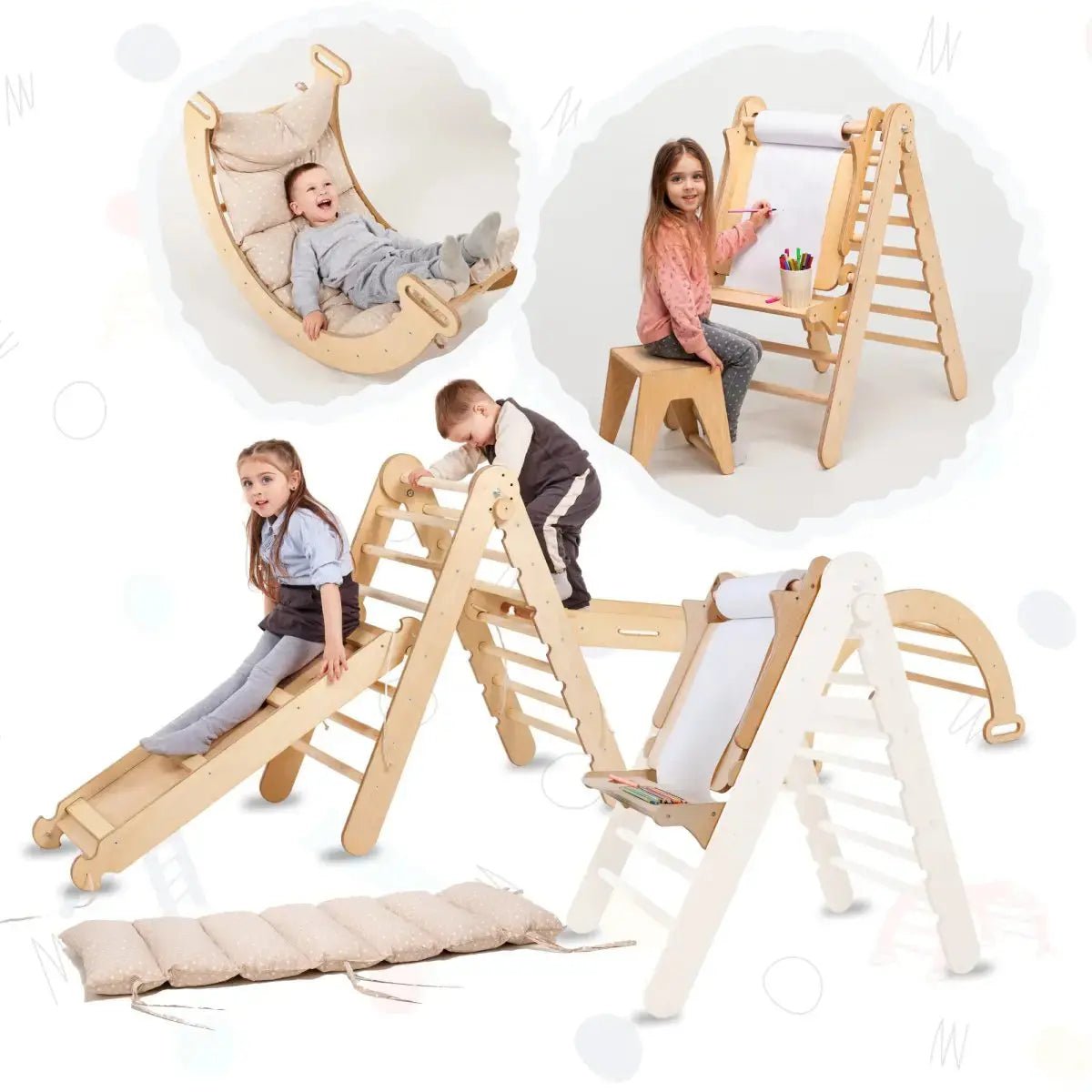 Goodevas 6in1 Montessori Climbing Set Triangle Ladder Arch Rocker Slide Ramp Net Cushion Art Addition - Everetts Place Boutique - 
