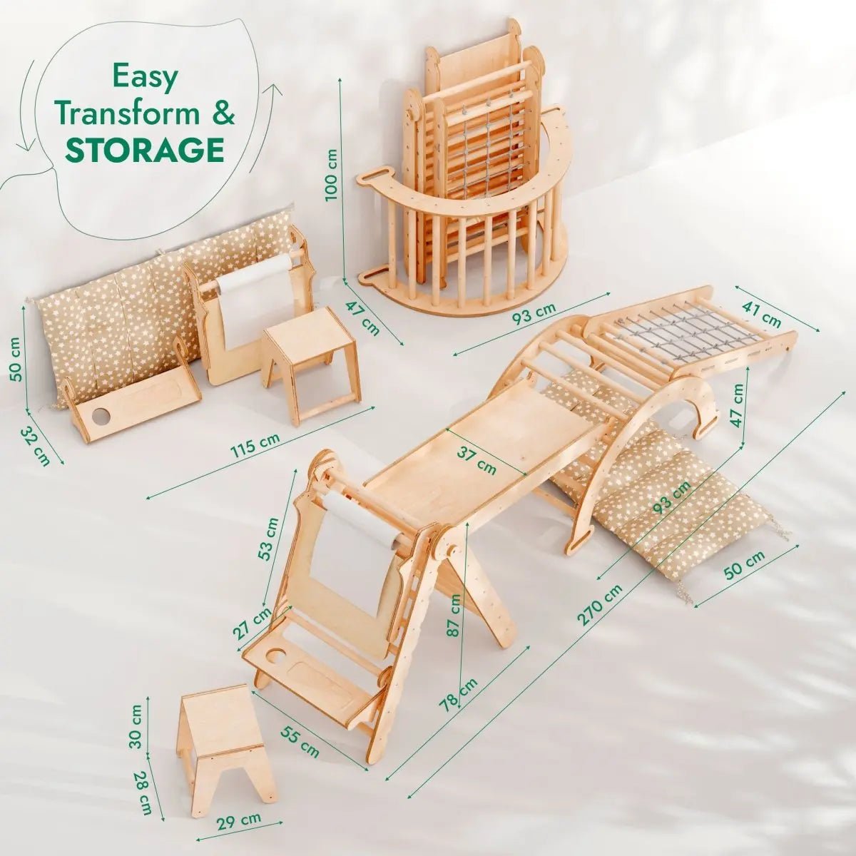 Goodevas 6in1 Montessori Climbing Set: Triangle Ladder + Arch/Rocker + Slide/Ramp + Net + Cushion + Art Addition - 