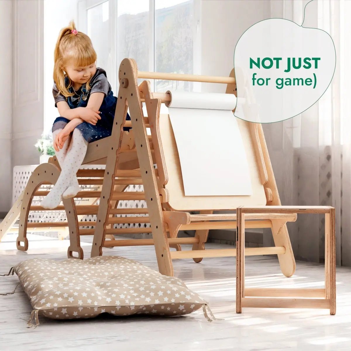 Goodevas 6in1 Montessori Climbing Set: Triangle Ladder + Arch/Rocker + Slide/Ramp + Net + Cushion + Art Addition - 