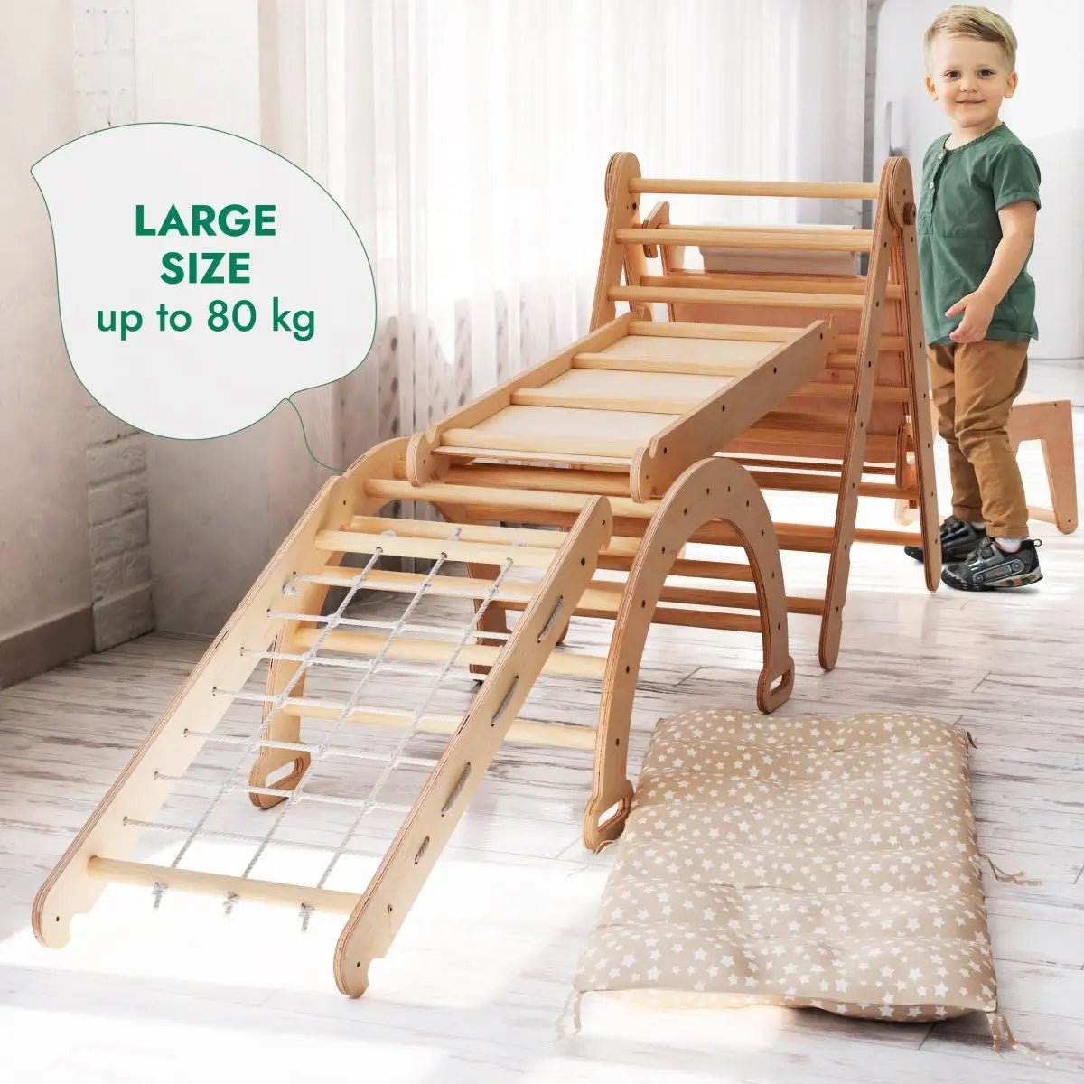 Goodevas 6in1 Montessori Climbing Set: Triangle Ladder + Arch/Rocker + Slide/Ramp + Net + Cushion + Art Addition - 