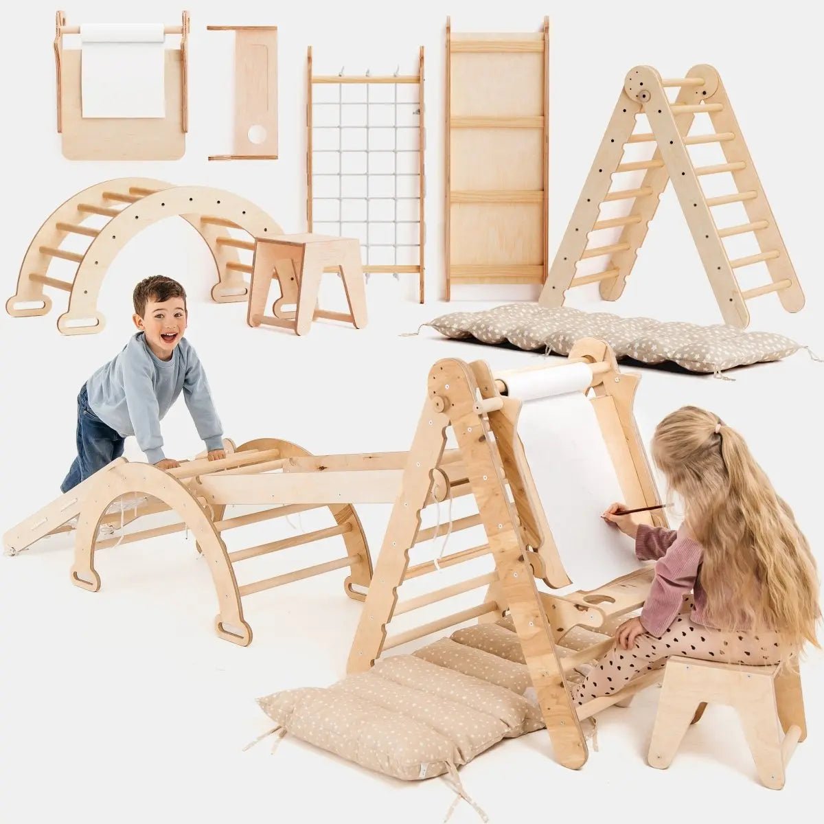 Goodevas 6in1 Montessori Climbing Set: Triangle Ladder + Arch/Rocker + Slide/Ramp + Net + Cushion + Art Addition - 