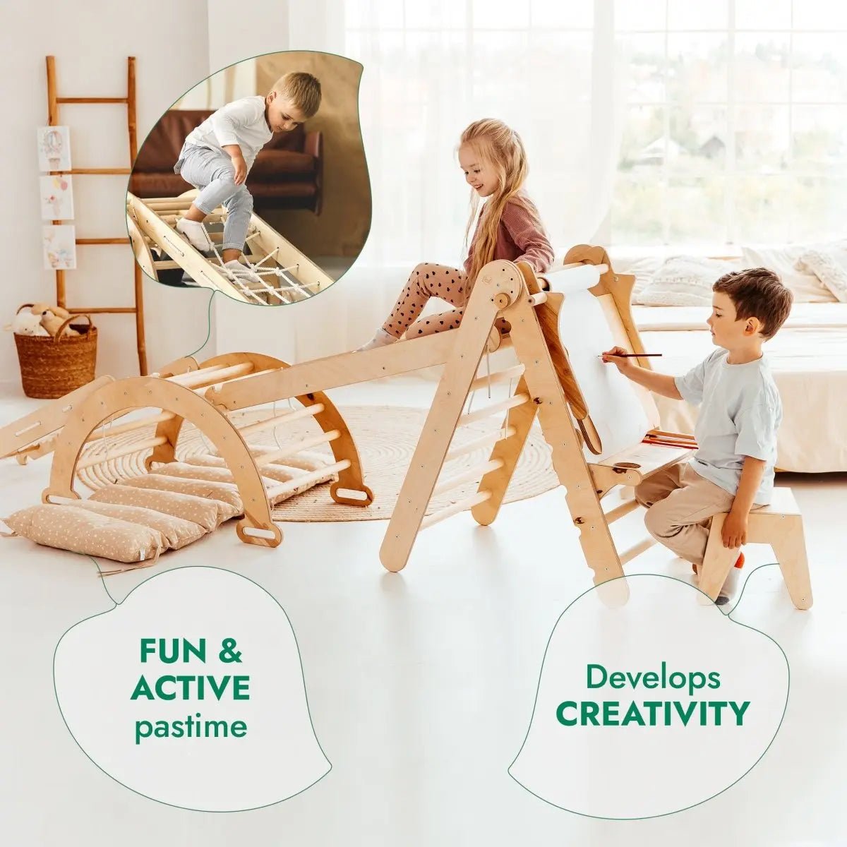 Goodevas 6in1 Montessori Climbing Set: Triangle Ladder + Arch/Rocker + Slide/Ramp + Net + Cushion + Art Addition - 