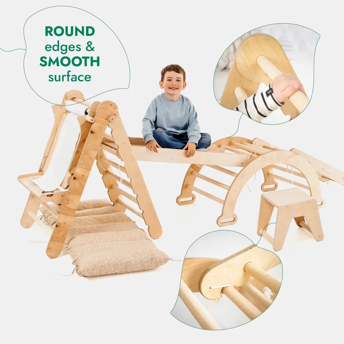 Goodevas 6in1 Montessori Climbing Set: Triangle Ladder + Arch/Rocker + Slide/Ramp + Net + Cushion + Art Addition - 