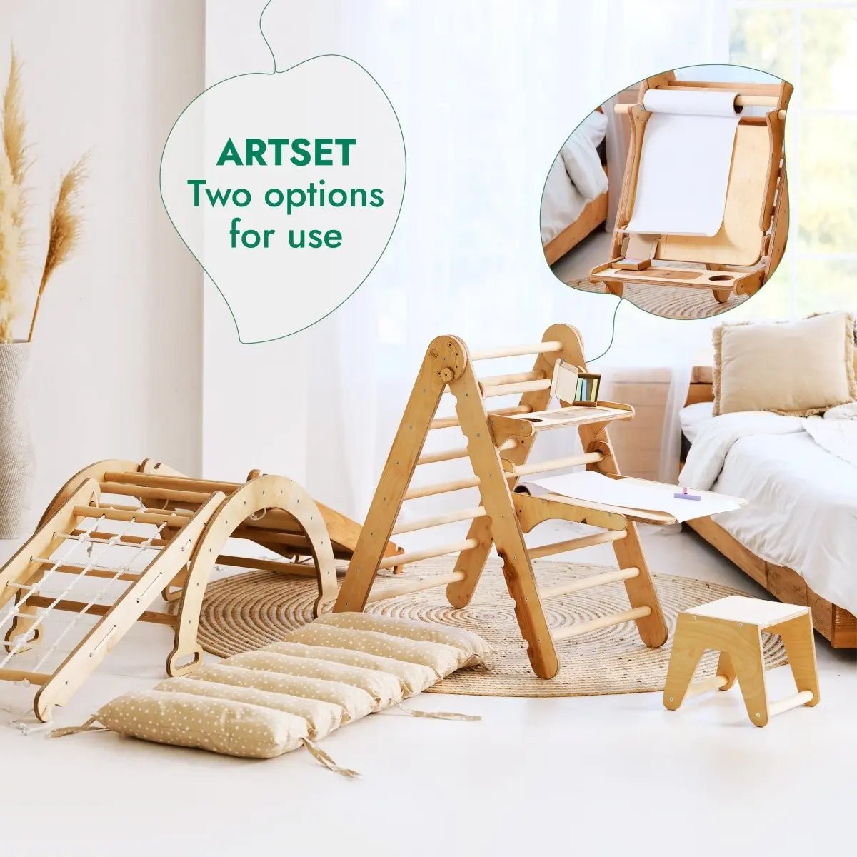 Goodevas 6in1 Montessori Climbing Set: Triangle Ladder + Arch/Rocker + Slide/Ramp + Net + Cushion + Art Addition - 