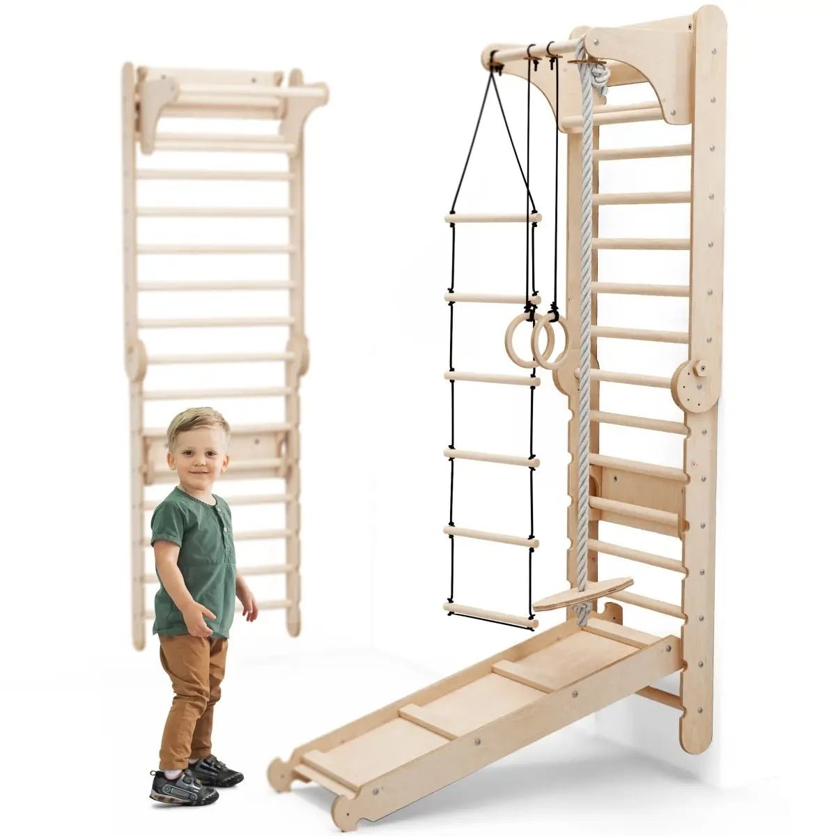 Goodevas 6in1 Wooden Swedish Wall / Climbing ladder for Children + Swing Set + Slide Board - 