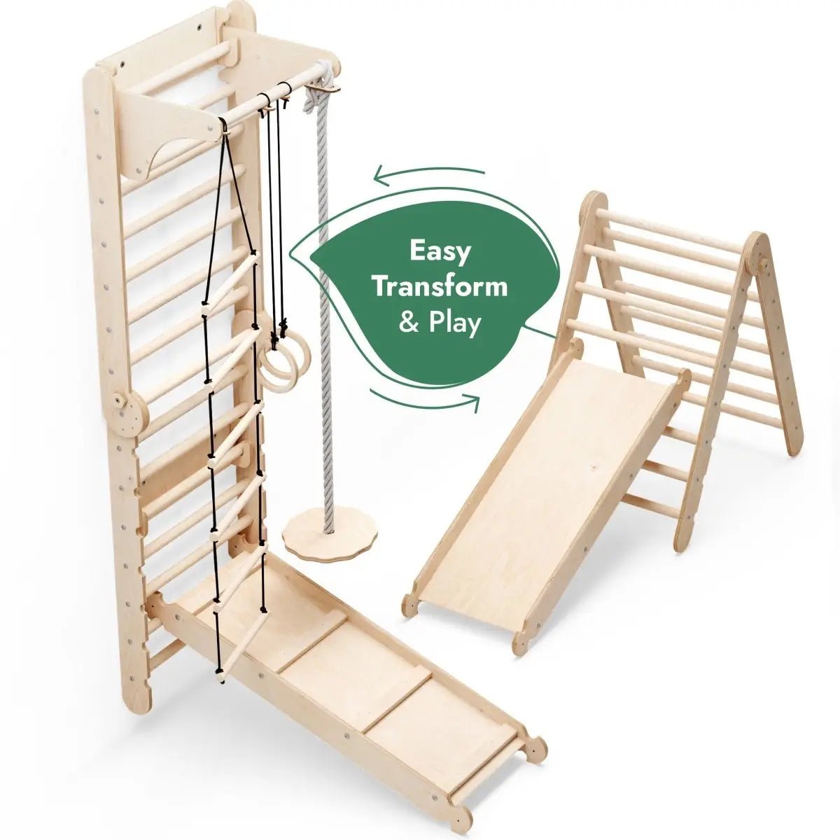 Goodevas 6in1 Wooden Swedish Wall / Climbing ladder for Children + Swing Set + Slide Board - 