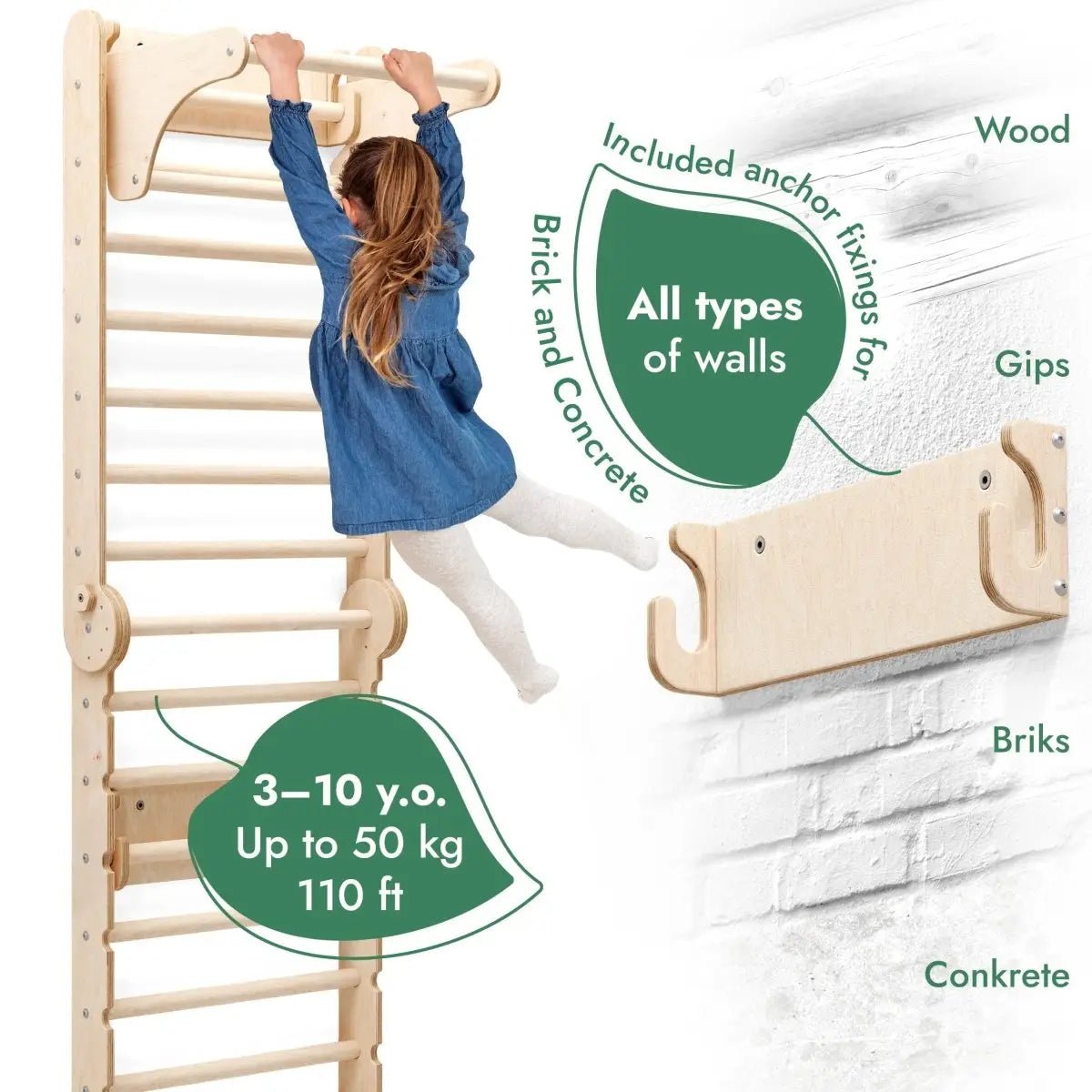 Goodevas 6in1 Wooden Swedish Wall / Climbing ladder for Children + Swing Set + Slide Board - 