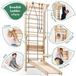 Goodevas 6in1 Wooden Swedish Wall / Climbing ladder for Children + Swing Set + Slide Board - 