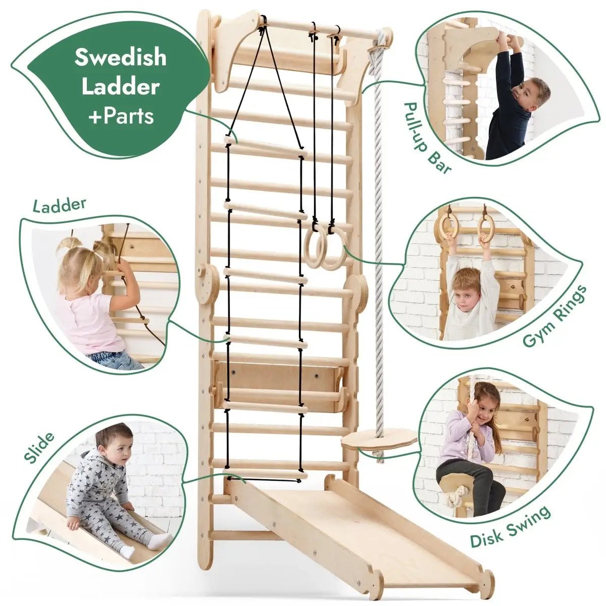 Goodevas 6in1 Wooden Swedish Wall / Climbing ladder for Children + Swing Set + Slide Board - 