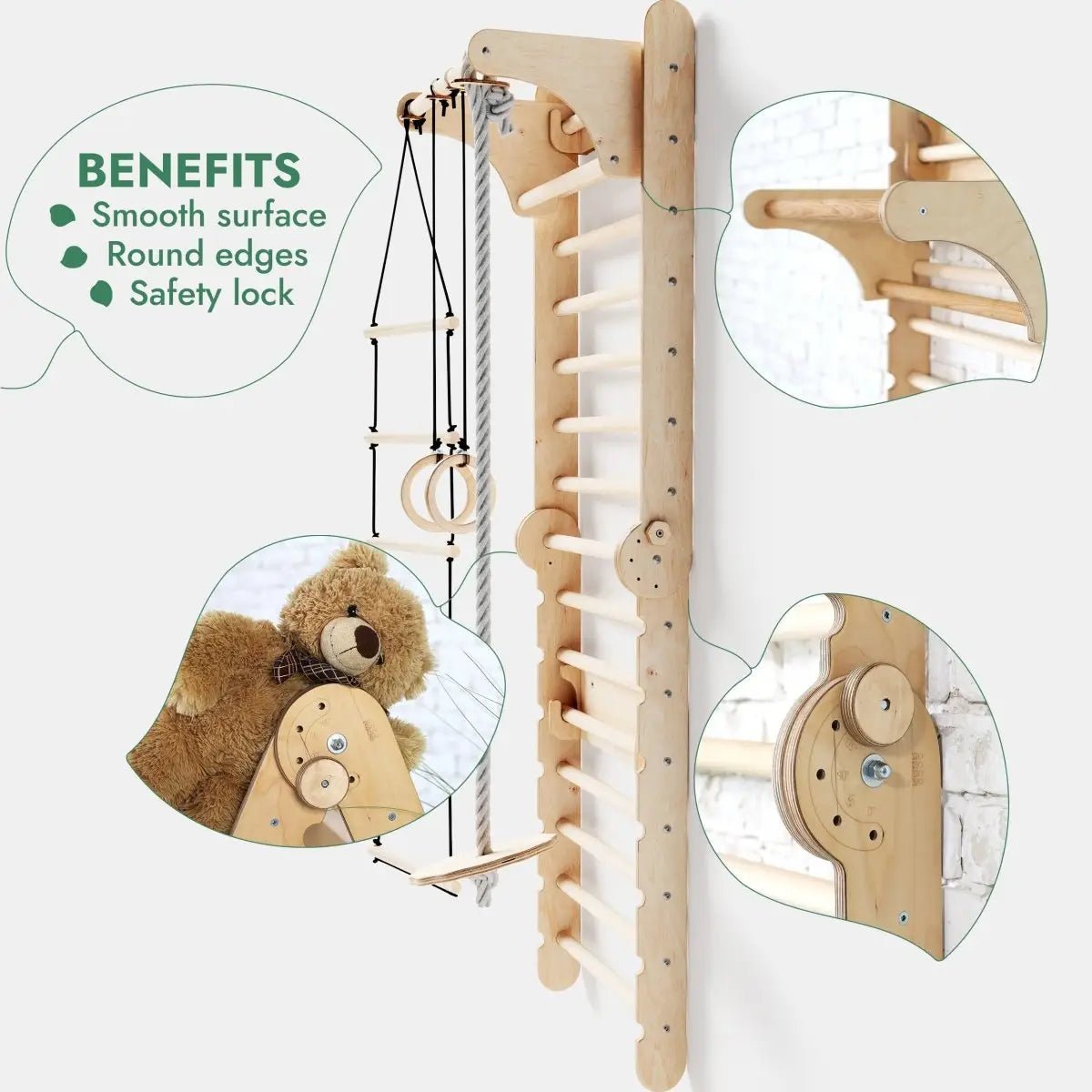 Goodevas 6in1 Wooden Swedish Wall / Climbing ladder for Children + Swing Set + Slide Board - 