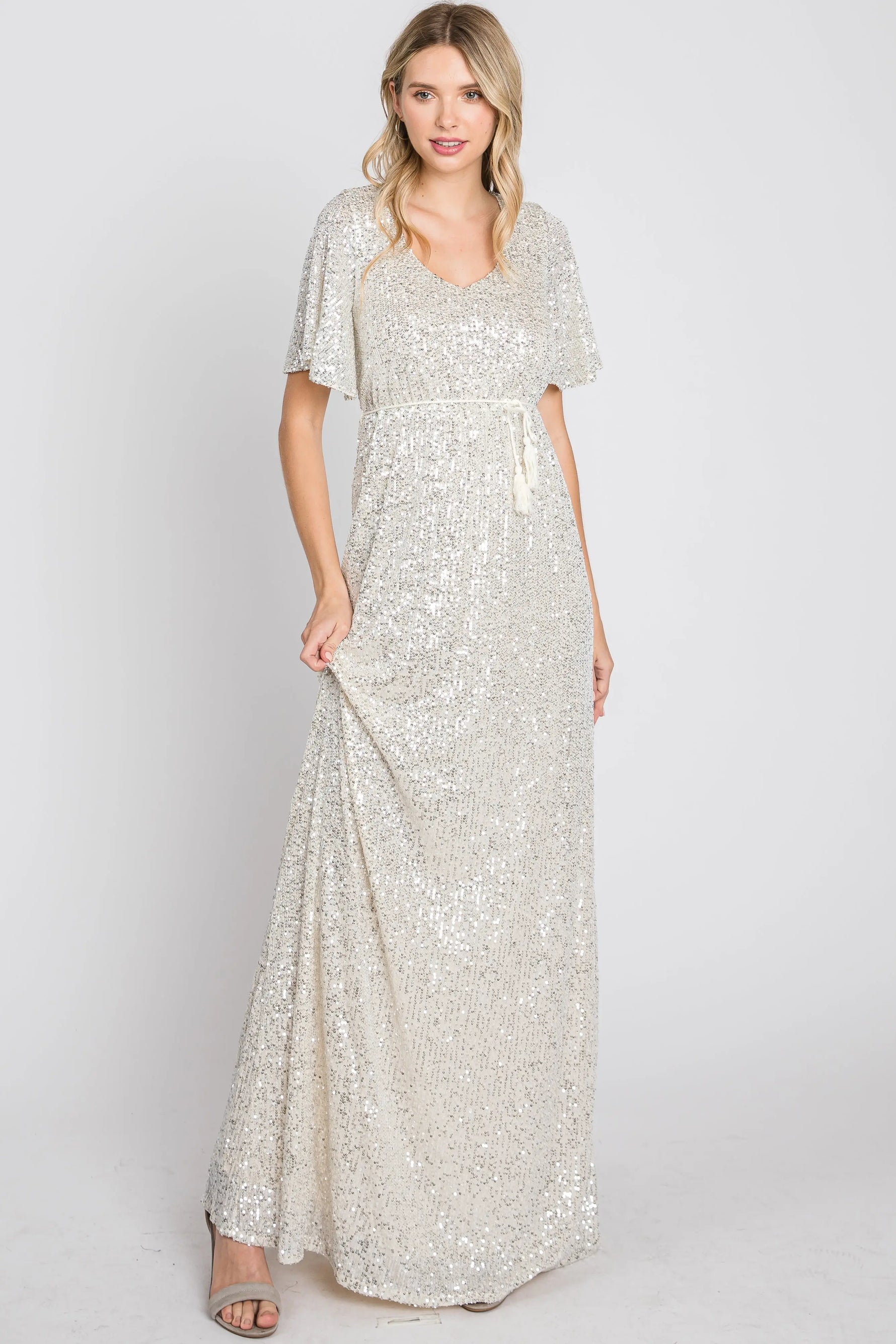 PinkBlush PinkBlush Cream Sequin Maxi Dress with V Neckline for Elegant Women - Apparel & Accessories > Clothing > Dresses Apparel & Accessories > Clothing > Dresses
