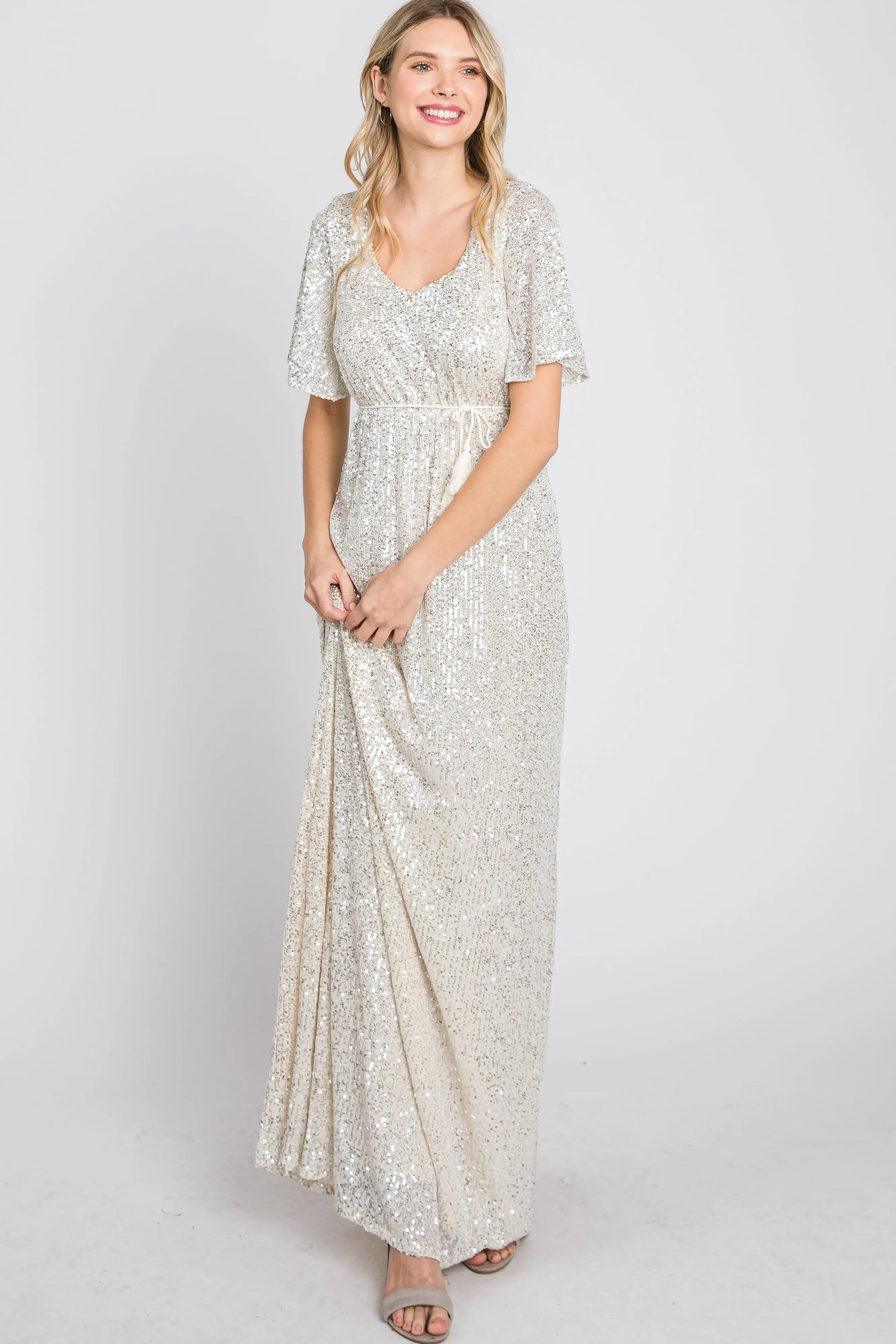 Cream Sequin Short Sleeve Maxi Dress With V Neckline And Adjustable Tassel Tie PinkBlush