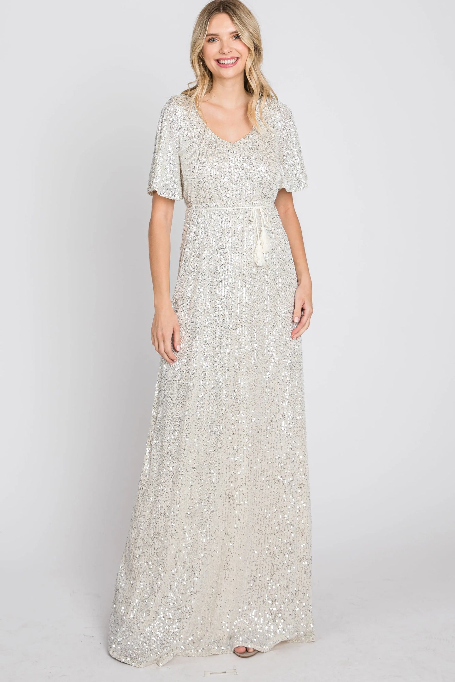Cream Sequin Short Sleeve Maxi Dress With V Neckline And Adjustable Tassel Tie PinkBlush