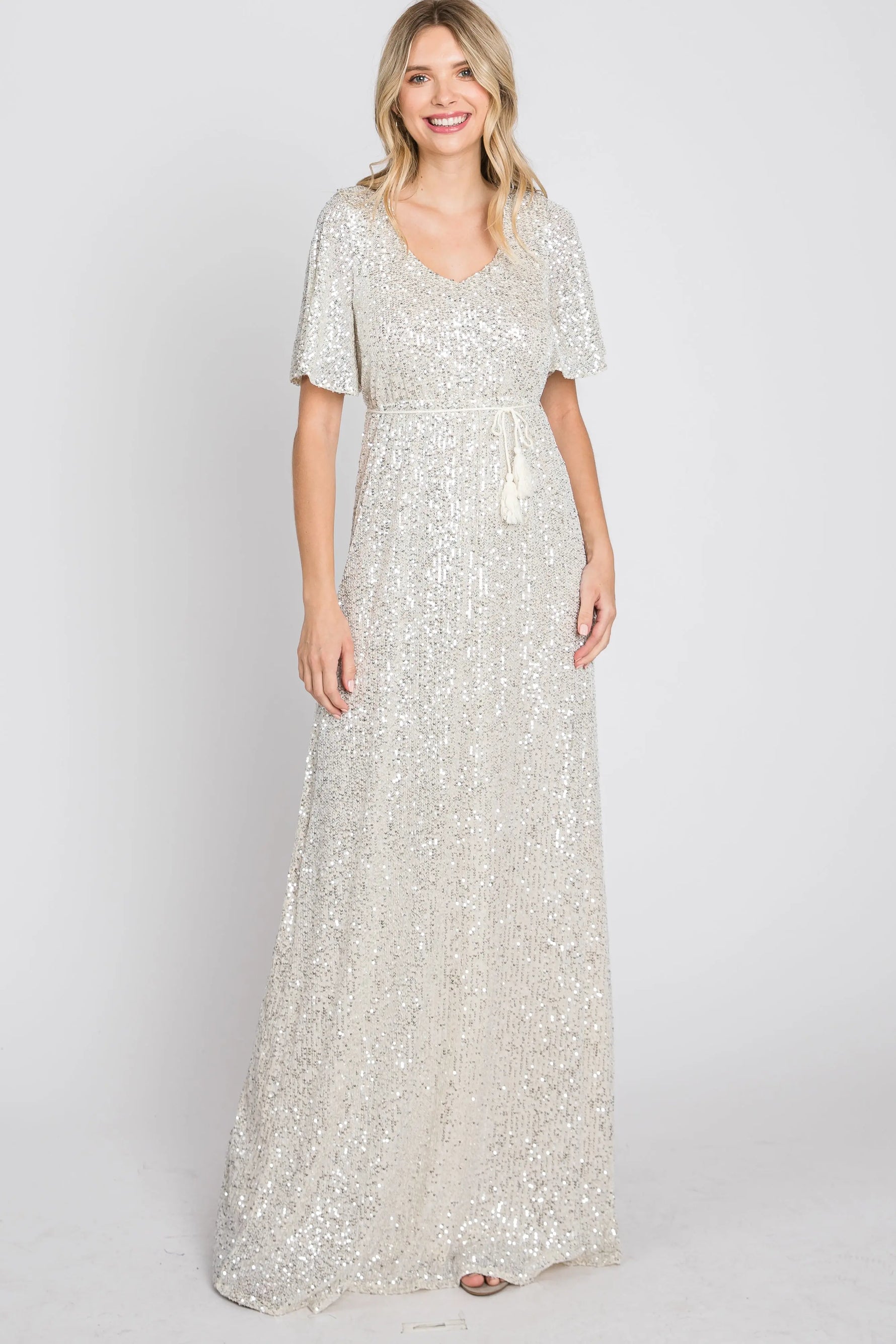 PinkBlush PinkBlush Cream Sequin Maxi Dress with V Neckline for Elegant Women - Apparel & Accessories > Clothing > Dresses Apparel & Accessories > Clothing > Dresses
