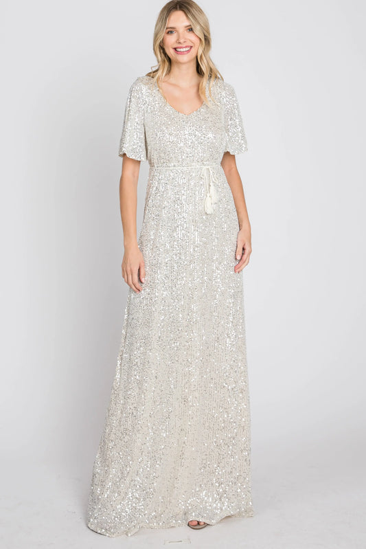 Cream Sequin Short Sleeve Maxi Dress With V Neckline And Adjustable Tassel Tie PinkBlush