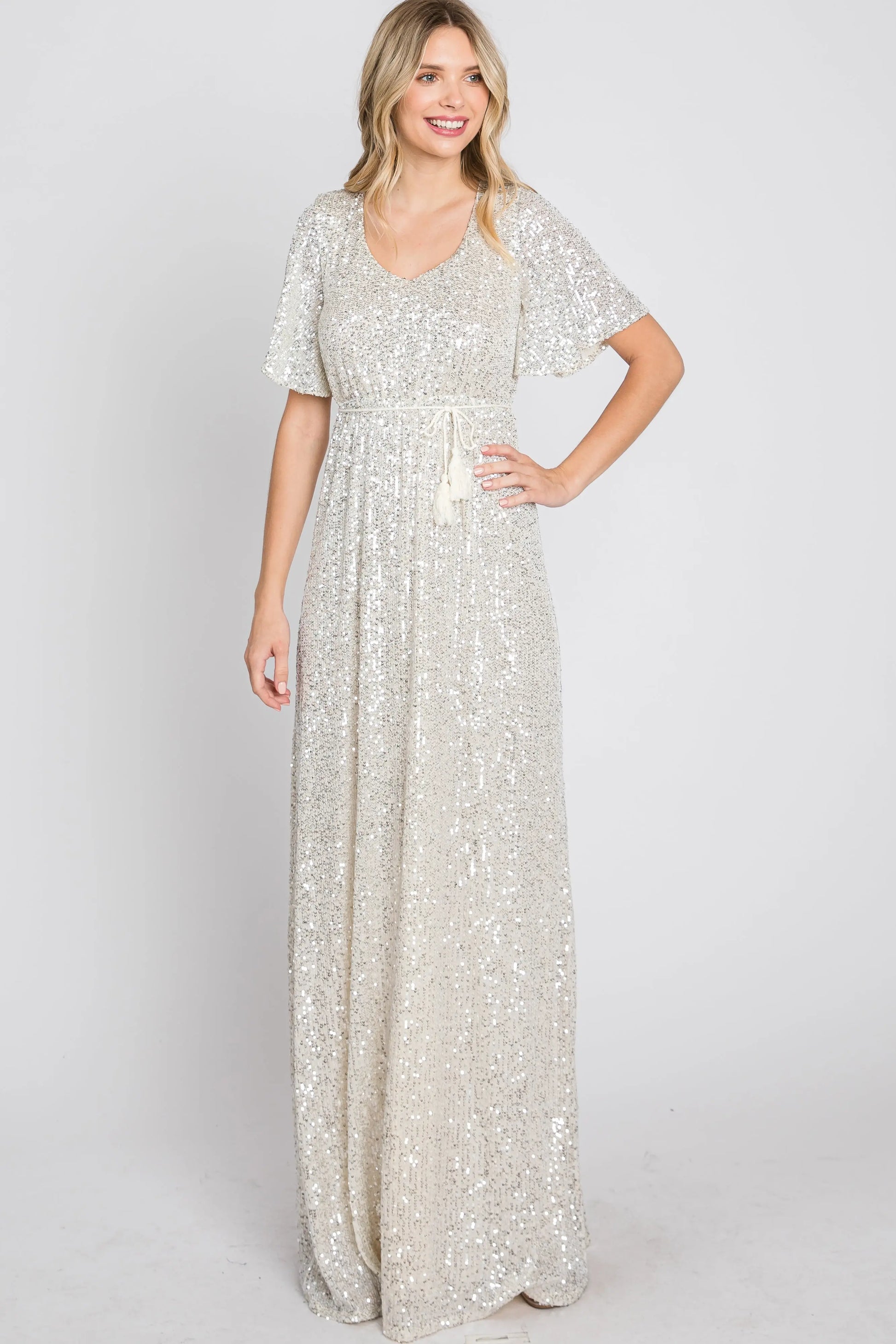 Cream Sequin Short Sleeve Maxi Dress With V Neckline And Adjustable Tassel Tie PinkBlush