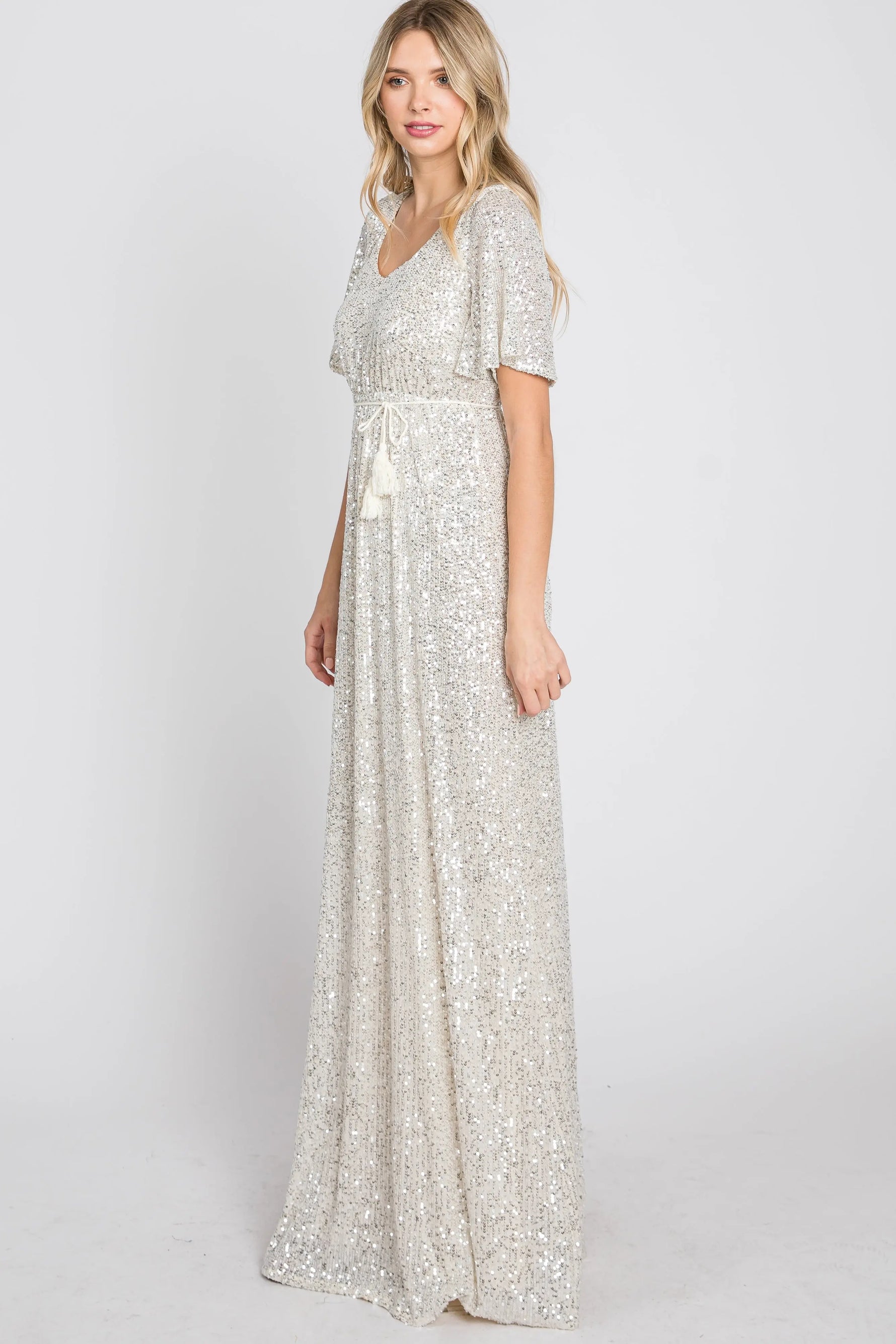 PinkBlush PinkBlush Cream Sequin Maxi Dress with V Neckline for Elegant Women - Apparel & Accessories > Clothing > Dresses Apparel & Accessories > Clothing > Dresses