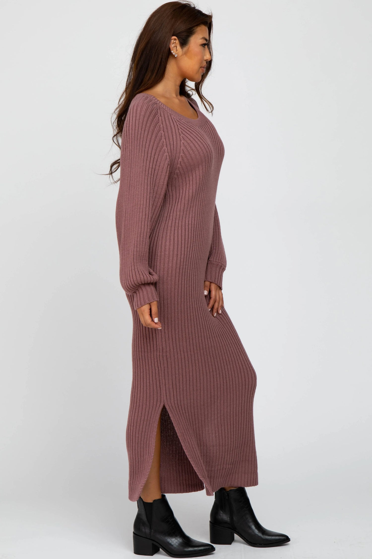 Mauve Side Slit Maxi Sweater Dress PinkBlush 