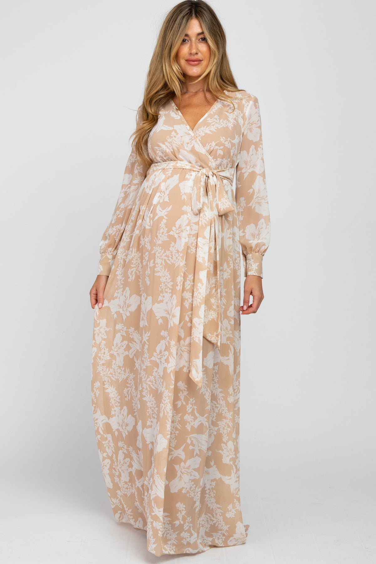 Taupe floral chiffon maternity maxi dress with V-neck, empire waist, and ruffle details