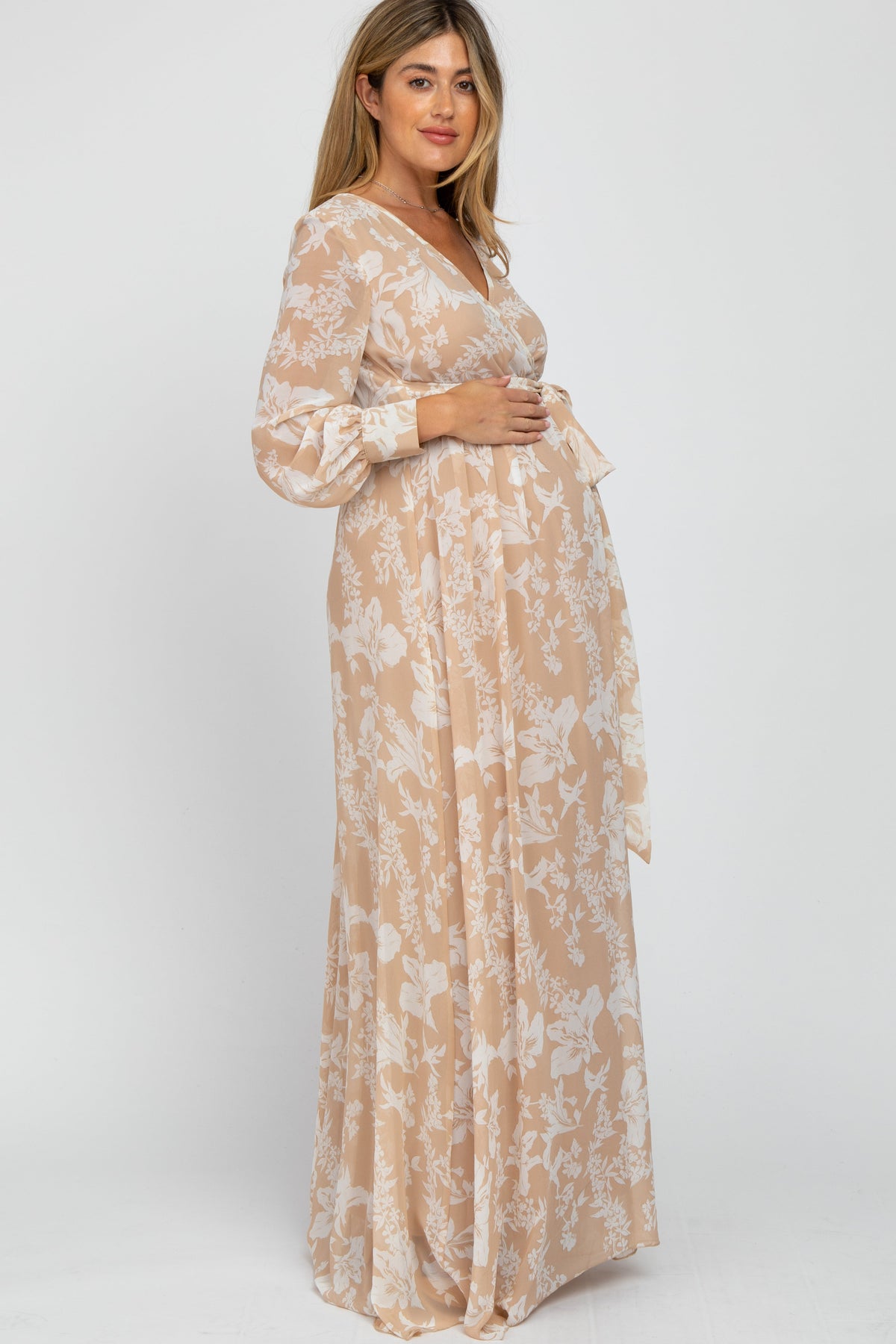 Taupe Floral Chiffon Maternity Maxi Dress by PinkBlush