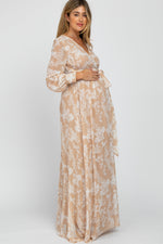 Taupe Floral Chiffon Maternity Maxi Dress by PinkBlush