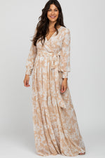 Taupe Floral Chiffon Maternity Maxi Dress by PinkBlush