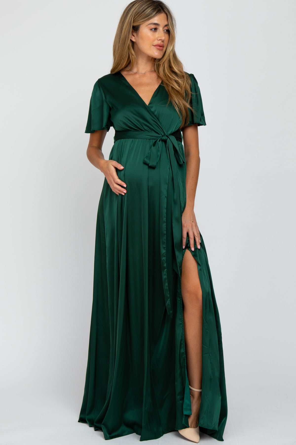 Green Side Slit Satin Maternity Maxi Dress by PinkBlush