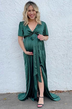 Green Side Slit Satin Maternity Maxi Dress by PinkBlush