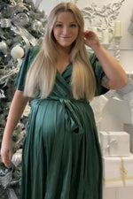 Green Side Slit Satin Maternity Maxi Dress by PinkBlush