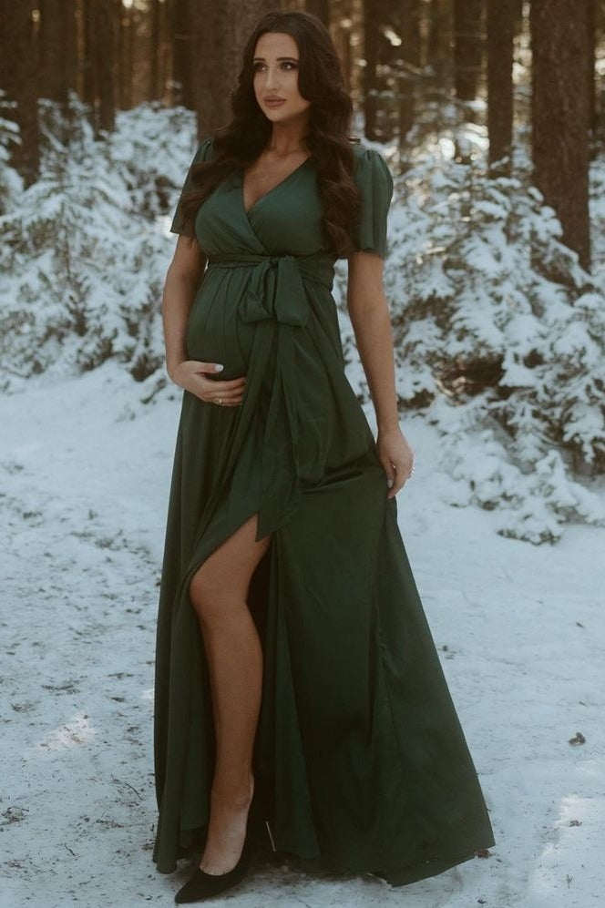 Green Side Slit Satin Maternity Maxi Dress by PinkBlush