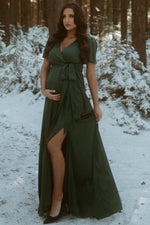 Green Side Slit Satin Maternity Maxi Dress by PinkBlush
