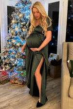 Green Side Slit Satin Maternity Maxi Dress by PinkBlush