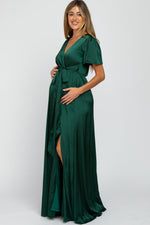 Green Side Slit Satin Maternity Maxi Dress by PinkBlush