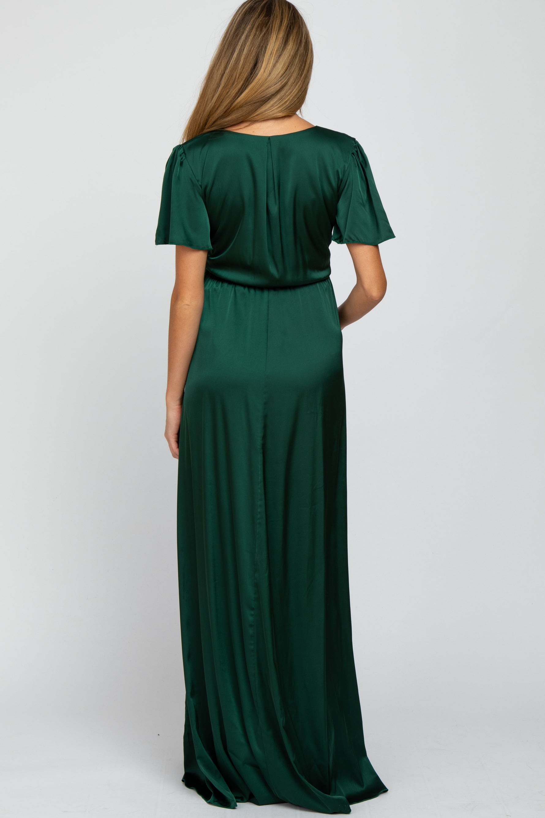 Green Side Slit Satin Maternity Maxi Dress by PinkBlush