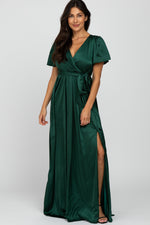 Green Side Slit Satin Maternity Maxi Dress by PinkBlush