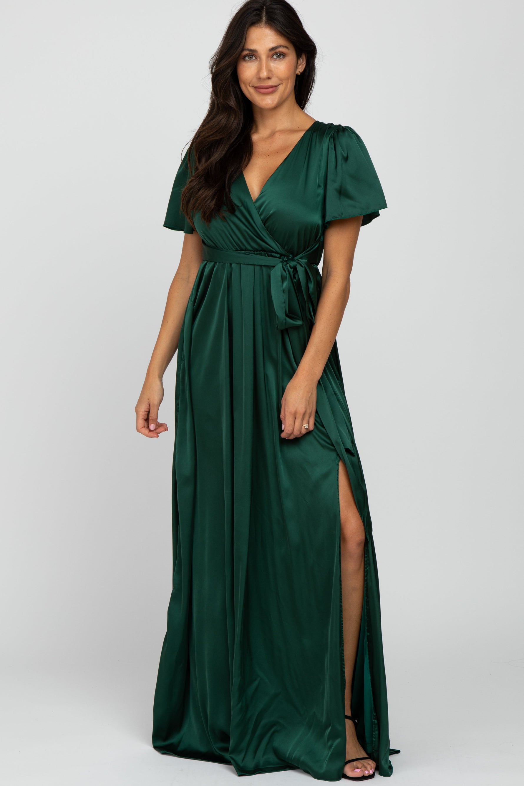 Green Side Slit Satin Maternity Maxi Dress by PinkBlush