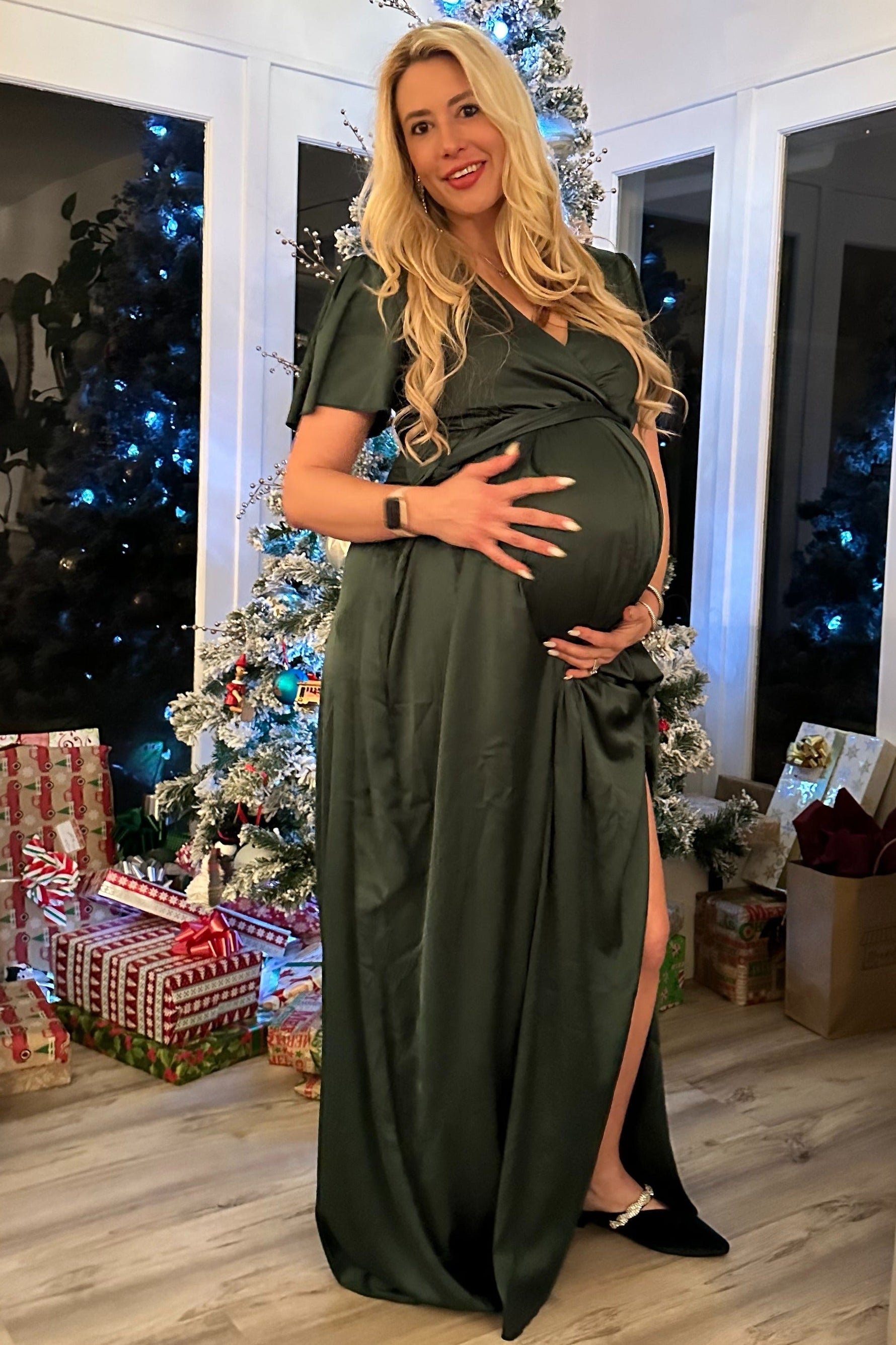 Green Side Slit Satin Maternity Maxi Dress by PinkBlush
