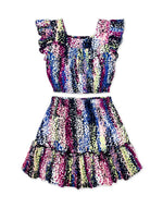 Toddler two-piece set with ruffle-sleeve top and matching skirt in a multi-color polka dot print.