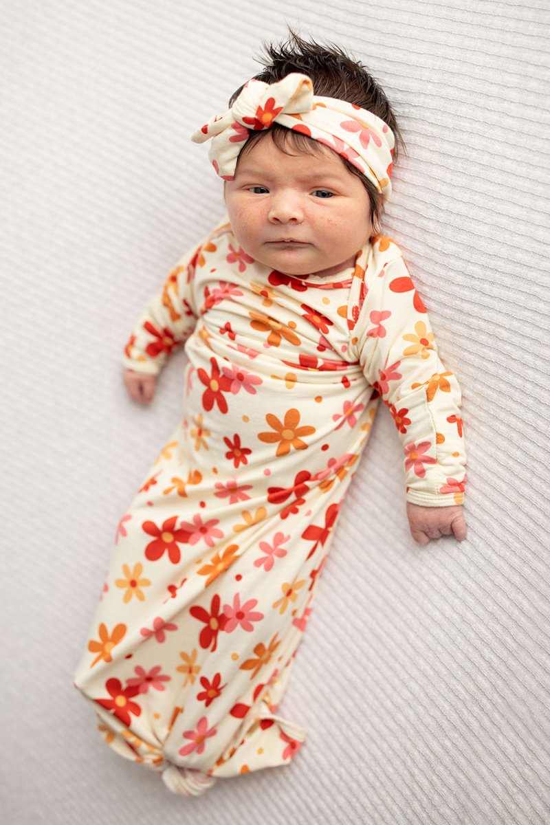 Three Little Tots 70s Groovy Flower Knotted Newborn Gown - 