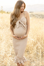 Mocha Gingham Print Smocked Fitted Self-Tie Maternity Midi Dress by PinkBlush (view 7 of 25)