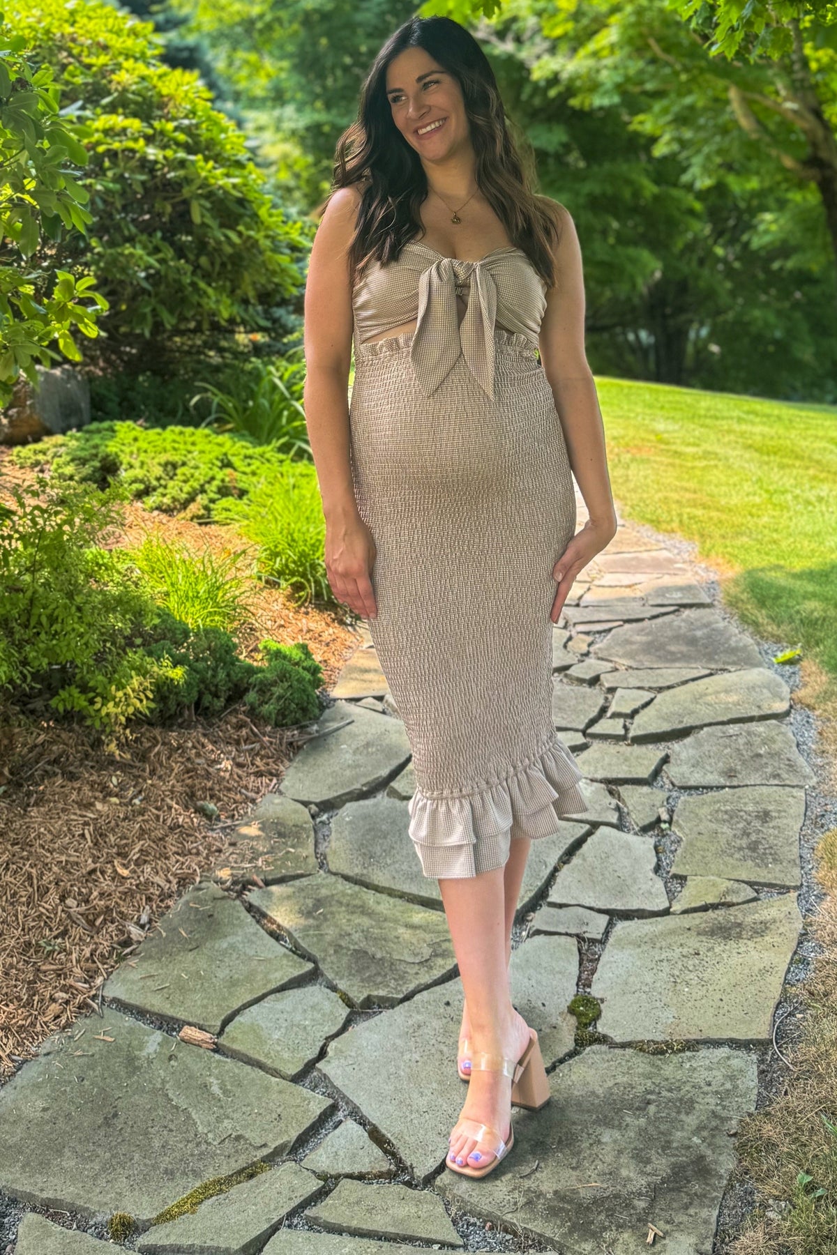 Mocha Gingham Print Smocked Fitted Self-Tie Maternity Midi Dress by PinkBlush (view 8 of 25)