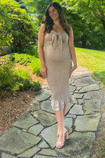 Mocha Gingham Print Smocked Fitted Self-Tie Maternity Midi Dress by PinkBlush (view 8 of 25)