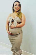 Mocha Gingham Print Smocked Fitted Self-Tie Maternity Midi Dress by PinkBlush (view 10 of 25)
