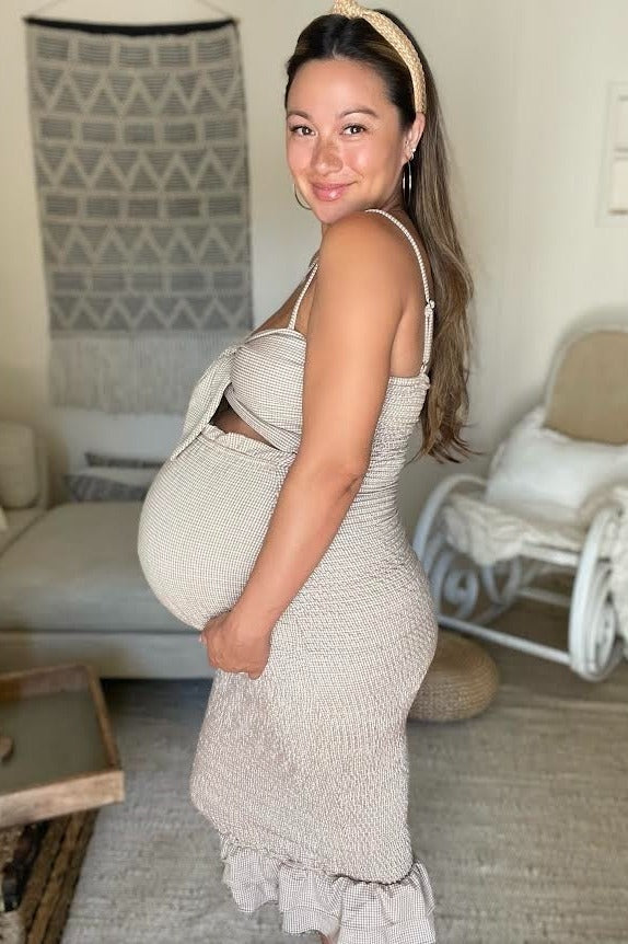 Mocha Gingham Print Smocked Fitted Self-Tie Maternity Midi Dress by PinkBlush (view 11 of 25)