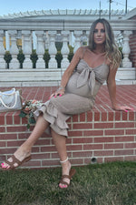 Mocha Gingham Print Smocked Fitted Self-Tie Maternity Midi Dress by PinkBlush (view 12 of 25)